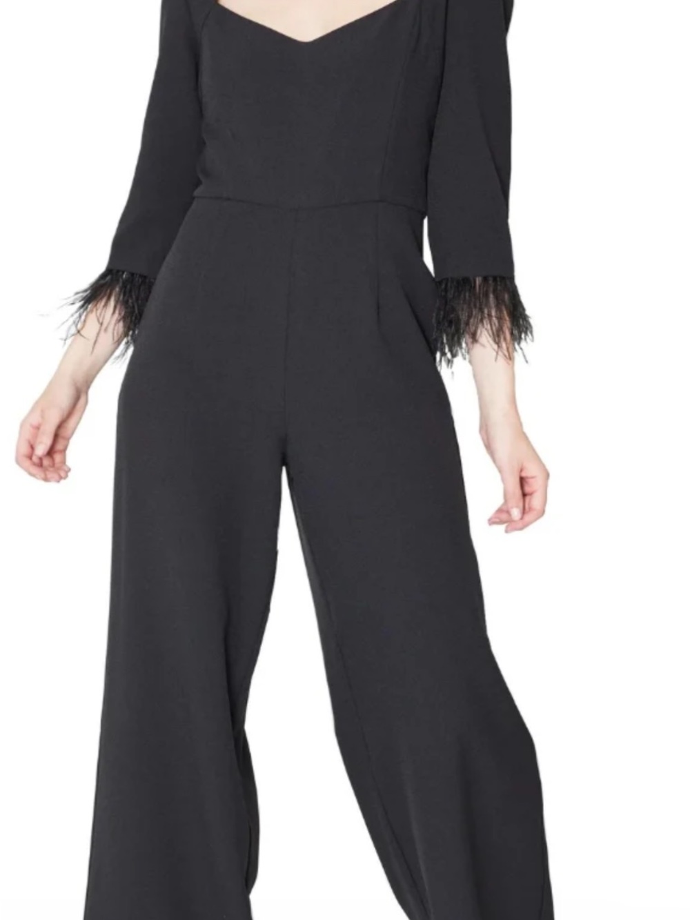 Julia  Jordan Black Feather-Trim Long Sleeve jumpsuit